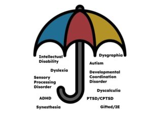 A colorful umbrella with a psychoeducational evaluation topic underneath. Allow our neurodivergent affirming psychologists to guide your child on their journey through autism testing in Berkeley & San Francisco, CA. Call us today!